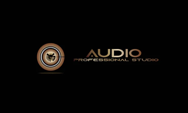 DJ Music logo. Recording studio emblem. Audio turntable and letters, black background and gold logo