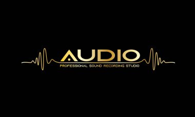 Ses dans Dj müzik kayıt stüdyo amblem Logo, derin kırmızı ve siyah arka plan, sarı ve altın renkli ses dalga logosu, ses dalga kavramı,