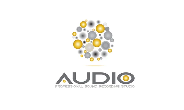 オーディオ ダンス の音楽ロゴ コンセプト サウンド バッジ 録音スタジオのエンブレムのロゴ グラデーション バブル円金属効果の金 — ストックベクタ