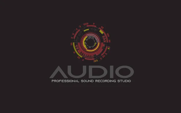 Audio Dance DJ Music Logo, concept sound wave, recording studio emblem Logo, dark black background, red, orange and yellow badge tag
