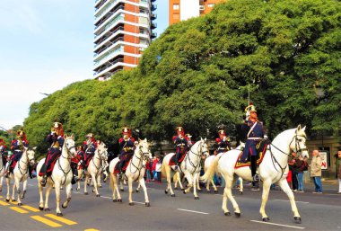 Buenos Aires, Arjantin - 9 Temmuz 2019. Bağımsızlık günü geçit töreni sırasında beyaz ata binen askerler.