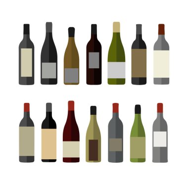 İçecekler kümesi. Birçok şarap şişeleri.