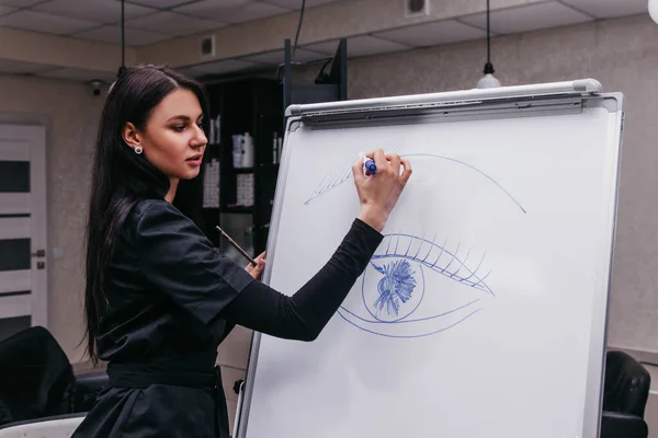 girl holds a makeup master class, stands near a white board and draws