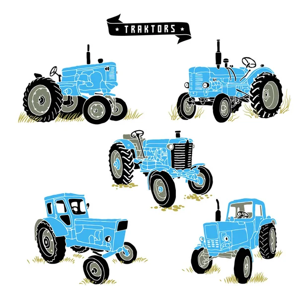 Ein Satz Von Fünf Blauen Traktoren Einem Einfachen Stil — Stockvektor