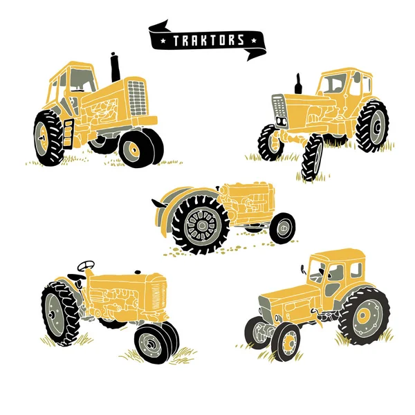 Ein Satz Von Fünf Gelben Traktoren Einem Einfachen Stil — Stockvektor