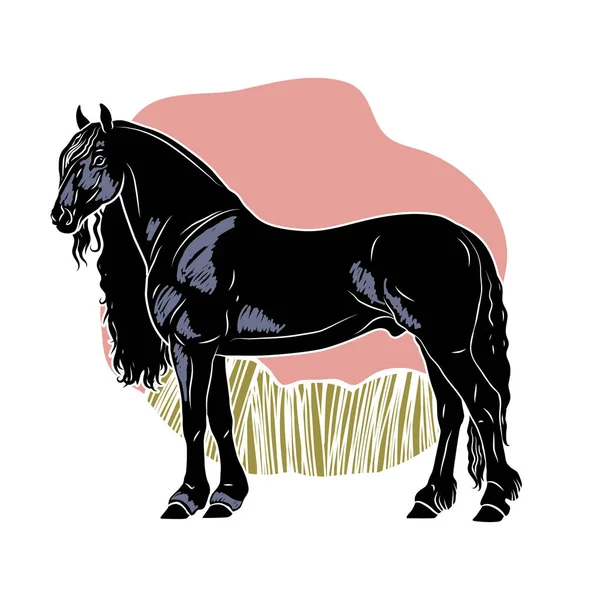 Cheval Noir Tient Latéralement Sur Fond Doré Rose — Image vectorielle