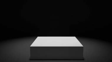 Karanlık stüdyo ortamında yaktı minimalist kare sergi podyum render.
