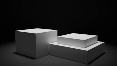 Modern minimalist beyaz podyum blokları bir karanlık oda sergi ve sunumlar için dizi işlenen