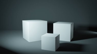 Bir gri beyaz küpleri dizi stüdyo, sunu kaideleri yaktı. 3D render promosyon kullanım için büyük.