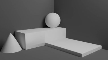 Geometrik set podyum için sunumlar, beyaz küre ve koni ile dekore edilmiş, render. Modern tarzı minimalizm, stüdyo aptal.