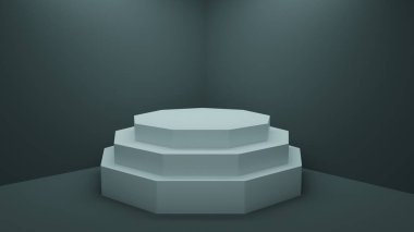 Karanlık bir stüdyoda bir beyaz ışıklı üç adım Kaide, render. Sunum, sergi Podyum ürünler için