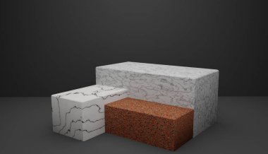 mermer ve granit blok koyu arka planda 3D render podyum soyut şekiller yapılmış