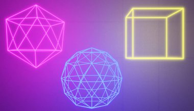 Bir retro siber tarzı, 3d render parlak neon şekiller kümesi.