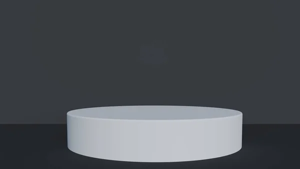3D minimalist yuvarlak sergi podyum gri studio ortamında.