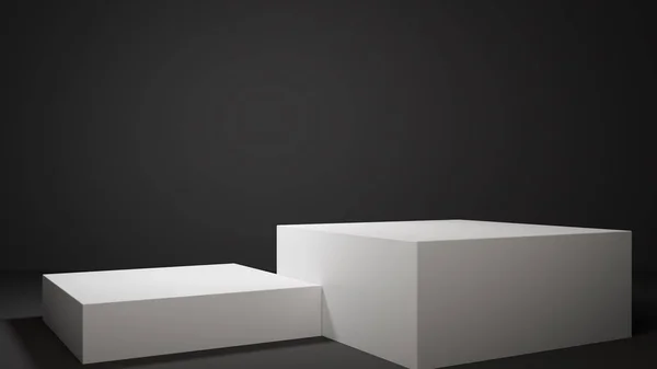 İki 3B beyaz kare podyum karanlık bir ortamda yaktı. Bir uzun bir kısa.