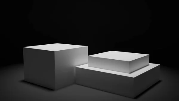 Modern minimalist beyaz podyum blokları bir karanlık oda sergi ve sunumlar için dizi işlenen