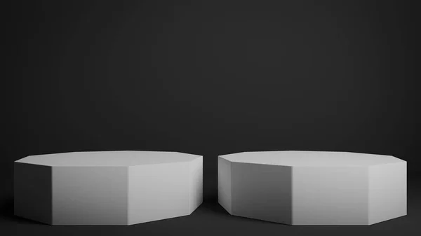 Conjunto Dois Pódios Brancos Estúdio Preto Apresentação Minimalista Moderna — Fotografia de Stock