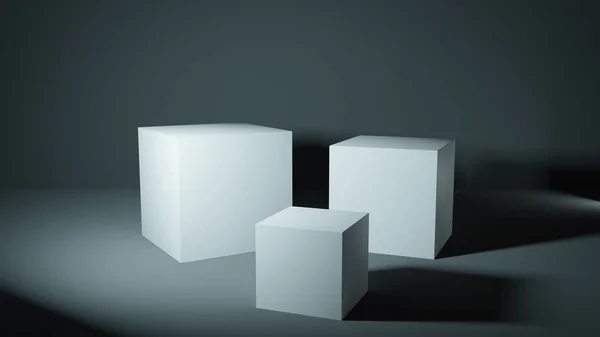 Set White Cubes Grey Lit Studio Presentation Pedestals Render Great — Stock Photo, Image