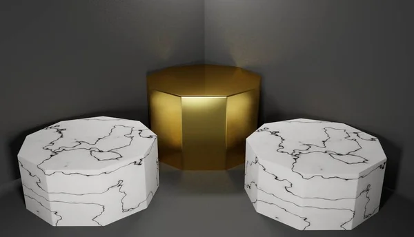 Render Three Pedestals Two Made White Marble One Made Gold — Stock Photo, Image