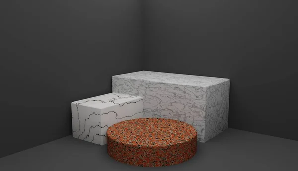 レンダリング表彰台抽象図形は大理石および花こう岩のブロックと黒スタジオ コーナーの円形ステージから成っています 現代のミニマリズム — ストック写真