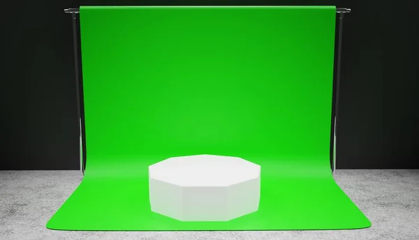Bir stüdyoda profesyonel zemin 3d render yeşil ekran arka plan üzerinde beyaz podyum duran.