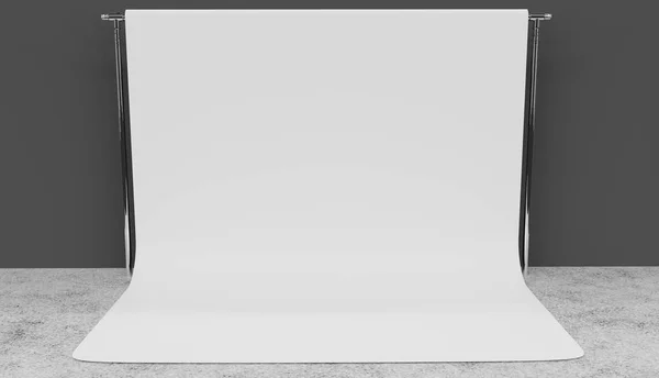 Beyaz ekran arka plan studio kurulum 3d render. Gri duvarlar, beton zemin.