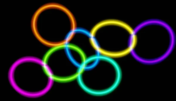 Birbirleri ile bağlı farklı renkteki parlak neon daireler. 3D render sanat.
