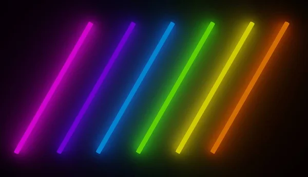 Set of 6 glowing neon light strips of different colors isolated in black background, rendered image.