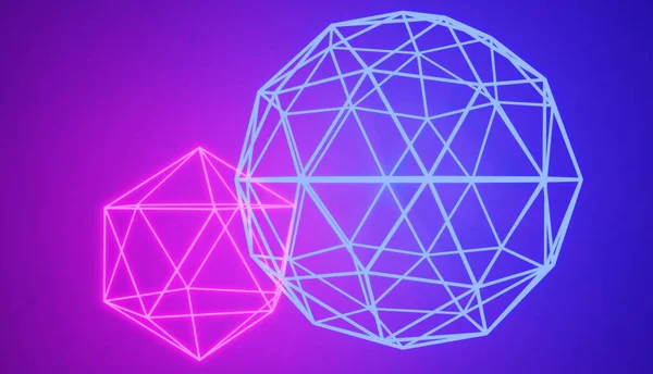 İki bağlı parlak neon geometrik şekiller, 3d render. Retro tarzı cyber neon.