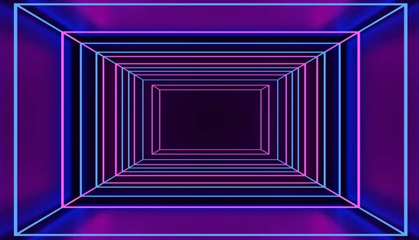 Pembe ve mavi siber uzayda retro tarzı neon kare tünel. 3d render.