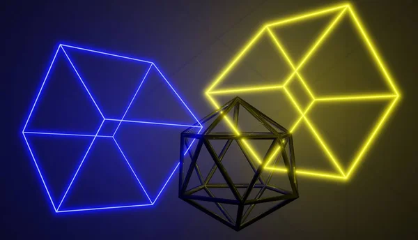 Geometrik şekiller, neon ve metalik, birlikte, 3d render bağlantılı. Retro cyber stili.