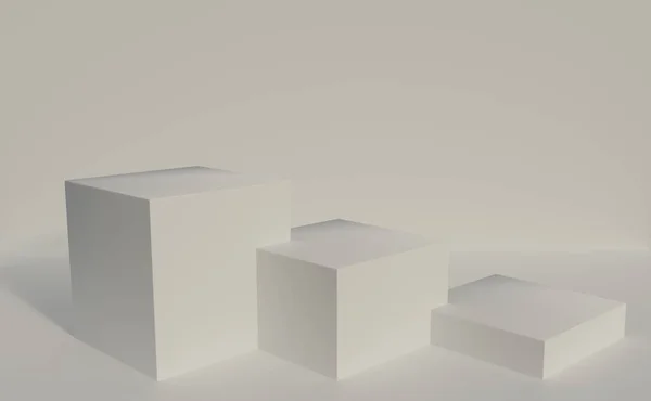 Satır üç beyaz küp bağlantılı platform beyaz stüdyo ortamında, 3d render.