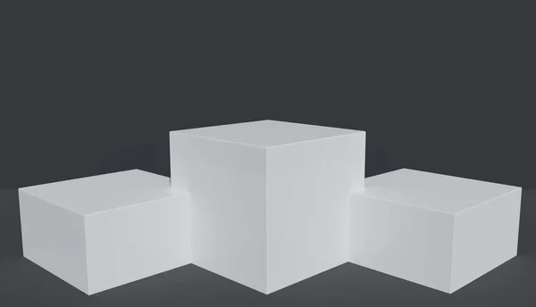 Üç kare bağlı platformlarda siyah arka plan, stüdyo, 3d render ile beyaz.