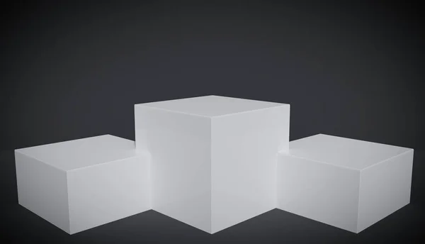 三白色正方形平台的插图版本与黑色背景 演播室 — 图库照片