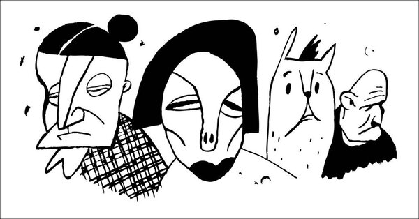 Stylized and humorous family portraits. Black and white illustrations for books and magazines.