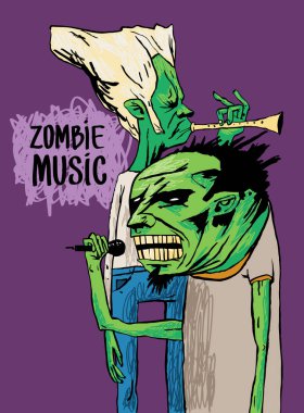 İki zombi müzisyen trompet üzerinde oynamak ve şarkı. Güzel bir poster ya da bir T-shirt üzerine çizim.