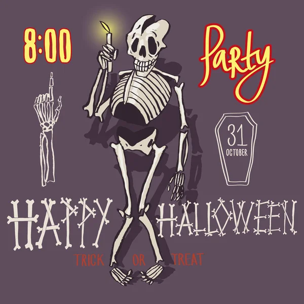 Squelette Avec Une Bougie Halloween Heureux Illustration Vectorielle Couleur Pour — Image vectorielle