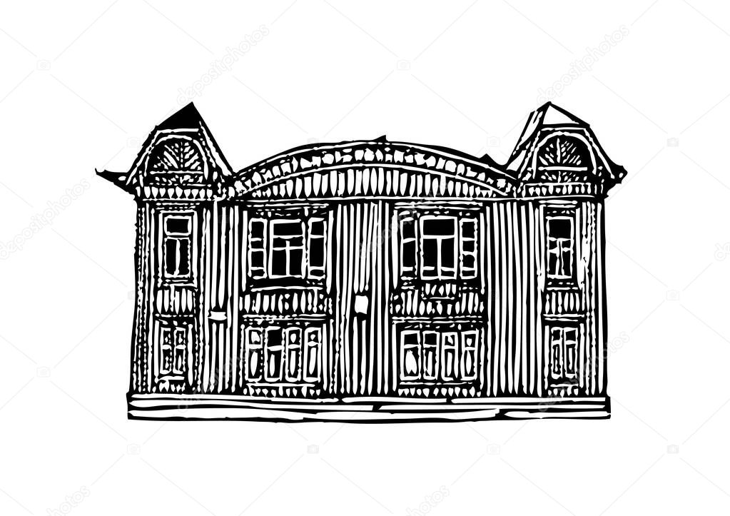Architecture of the city of Krasnoyarsk. Black and white graphics, suitable for printed products.