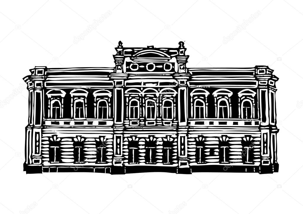 Architecture of the city of Krasnoyarsk. Black and white graphics, suitable for printed products.