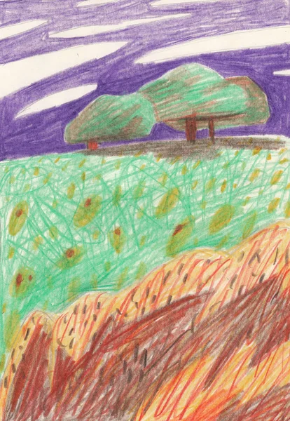 Colored drawing glade with trees, stones and flowers, as well as a purple sky. Suitable for a poster, t-shirt print, postcard, poster, packaging design.