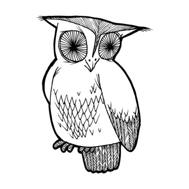 Bilge baykuş Illustration. Siyah-beyaz grafik, kayıt çocuk ürünleri de çocuk yayınları için uygun.