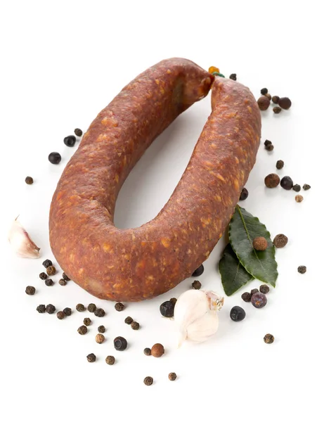 German Specialty Salami Hard Cured Sausage Whole Spices White Background — Stock Photo, Image