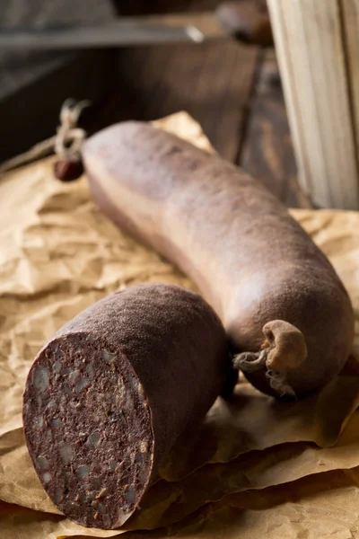 German Specialty Blood Sausage Blutwurst Wooden Table Kitchen — Stock Photo, Image