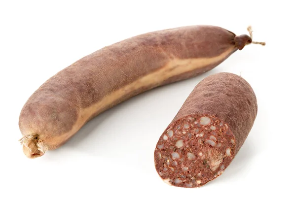 Saucisse Sang Spécialité Allemande Blutwurst Entière Tranchée Sur Fond Blanc — Photo