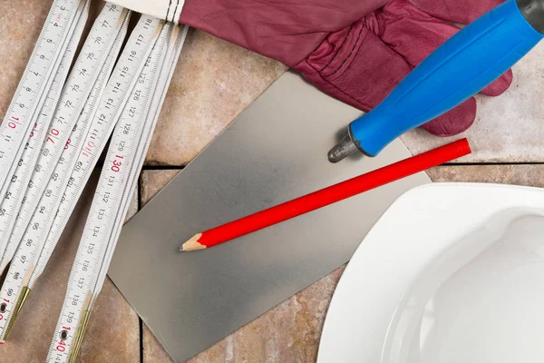 Trowel Folding Rule Hard Hat Working Gloves Pencil Bricks Home — Stock Photo, Image