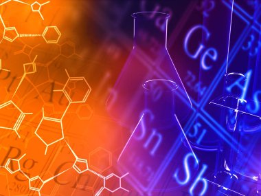 Bilim araştırma laboratuarı cam ekipman molekül yapısal formülüyle - araştırma veya bilim kavramı arka plan