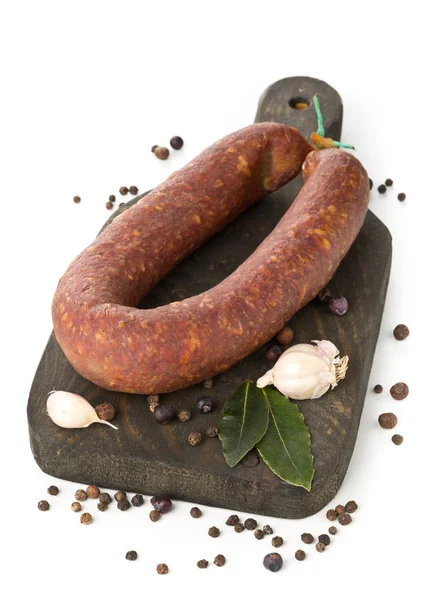 German Specialty Salami Hard Cured Sausage Whole Spices Wooden Board — Stock Photo, Image