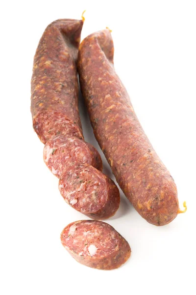 German Specialty Salami Hard Cured Sausage Whole Sliced White Background — Stock Photo, Image