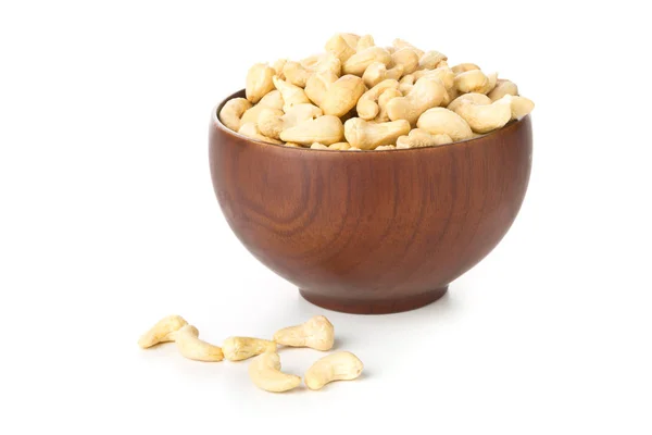Heap Raw Organic Whole Cashew Nut Kernels Wooden Bowl White — Stock Photo, Image