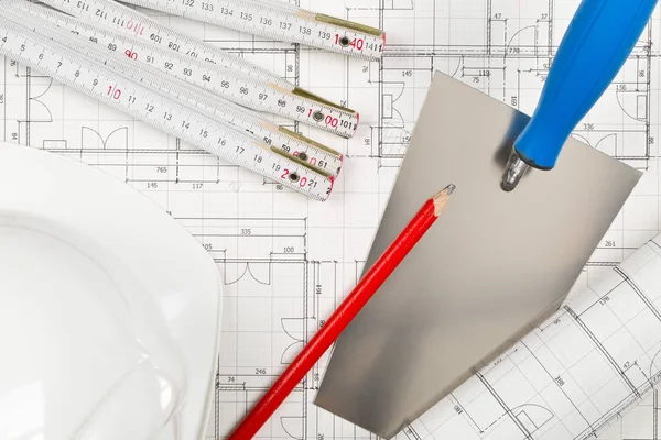 Trowel Folding Rule Hard Hat Pencil House Blueprint Plans Home — Stock Photo, Image